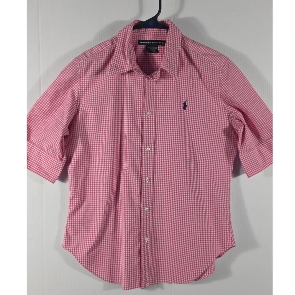 Ralph Lauren Sport Kids Pink Gingham Short Sleeve Button Down Shirt Size 14